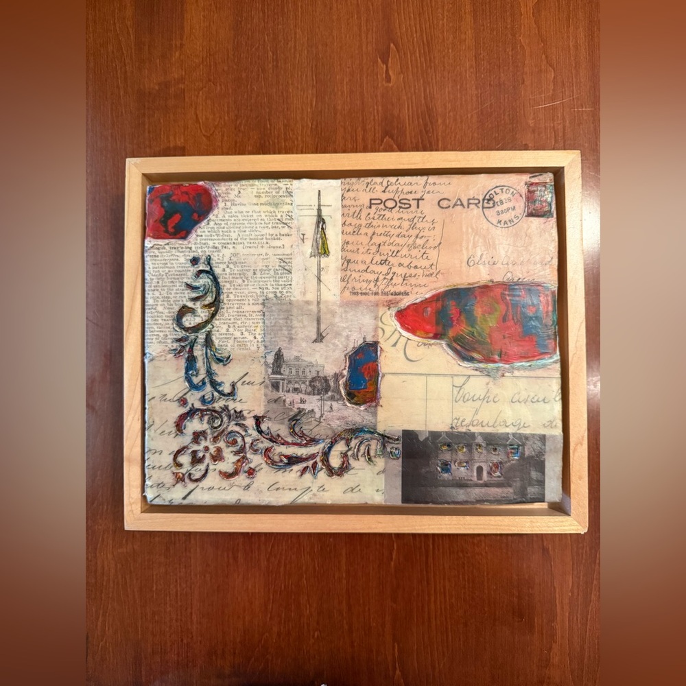 Beth Fields Fine Art Vintage Collage Art with Red and Blue Accents